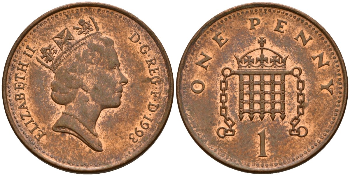 Великобритания 1 пенни 1993 Елизавета II (1952-2022) KM 935a, Spink 4391 (B4) сталь плакированная медью 4154-1012