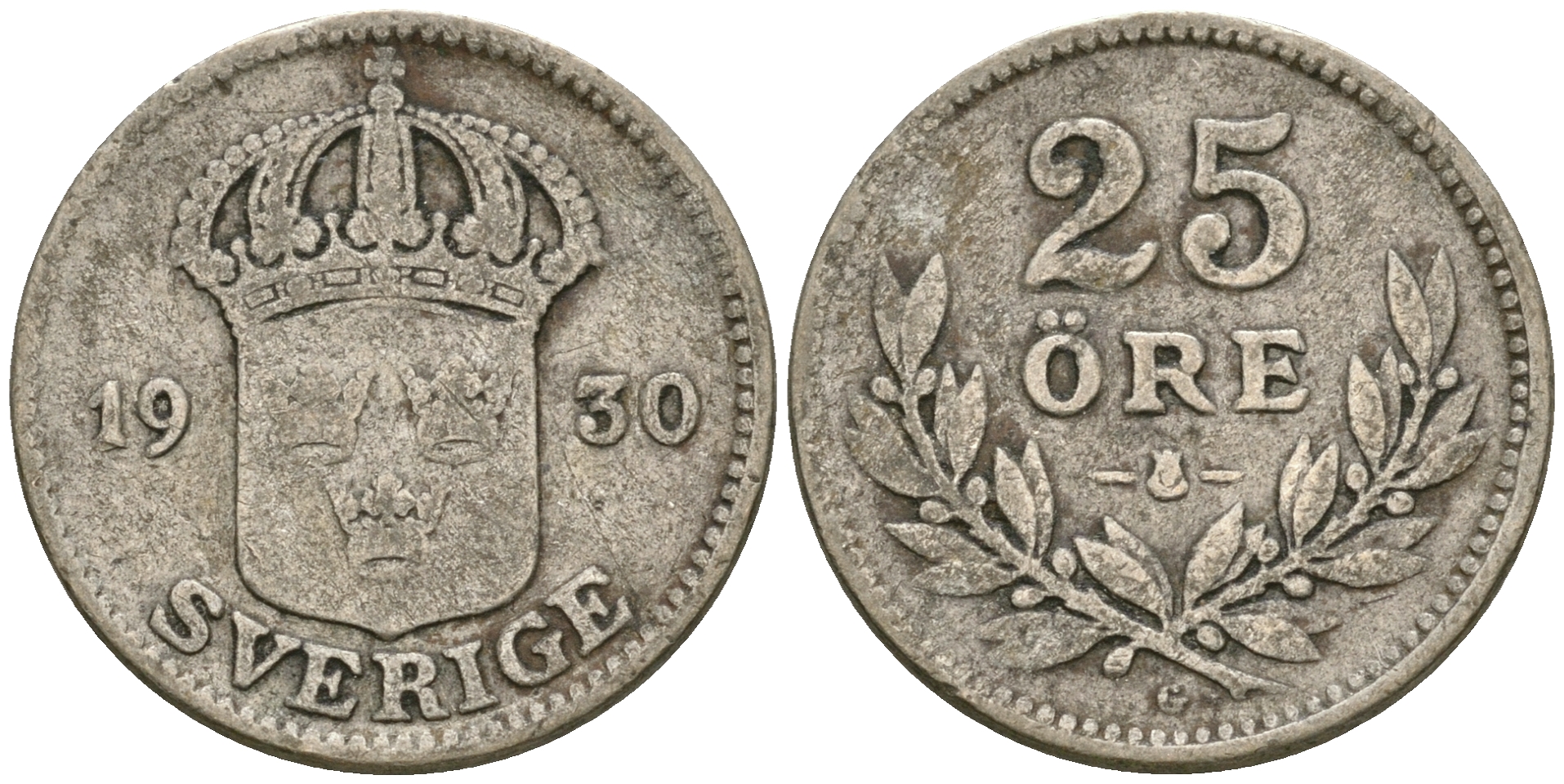 Швеция 25 эре 1930 G, Густав V (1907-1950) KM 785 серебро 4608-928