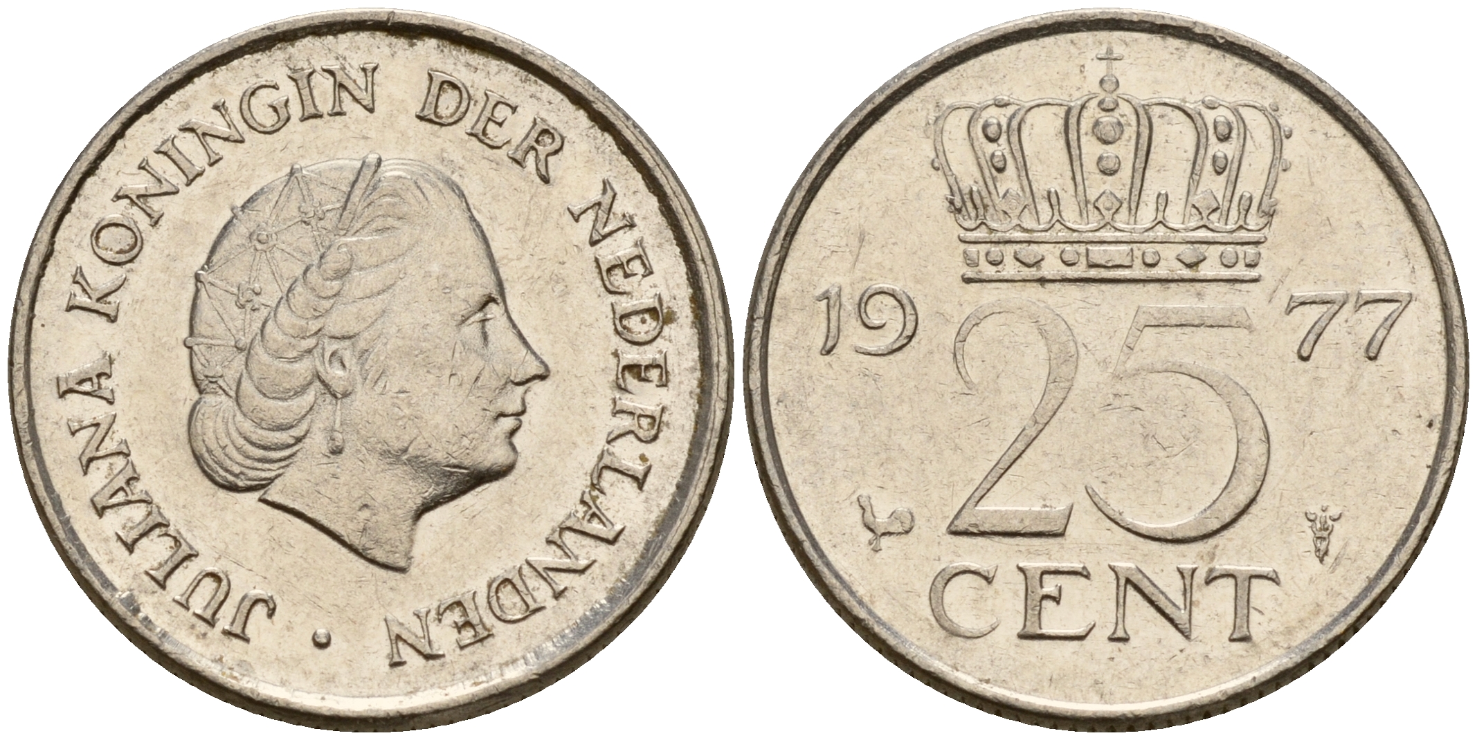 Нидерланды 25 центов 1977 Юлиана (1948-1980) KM 183 никель  4598-519