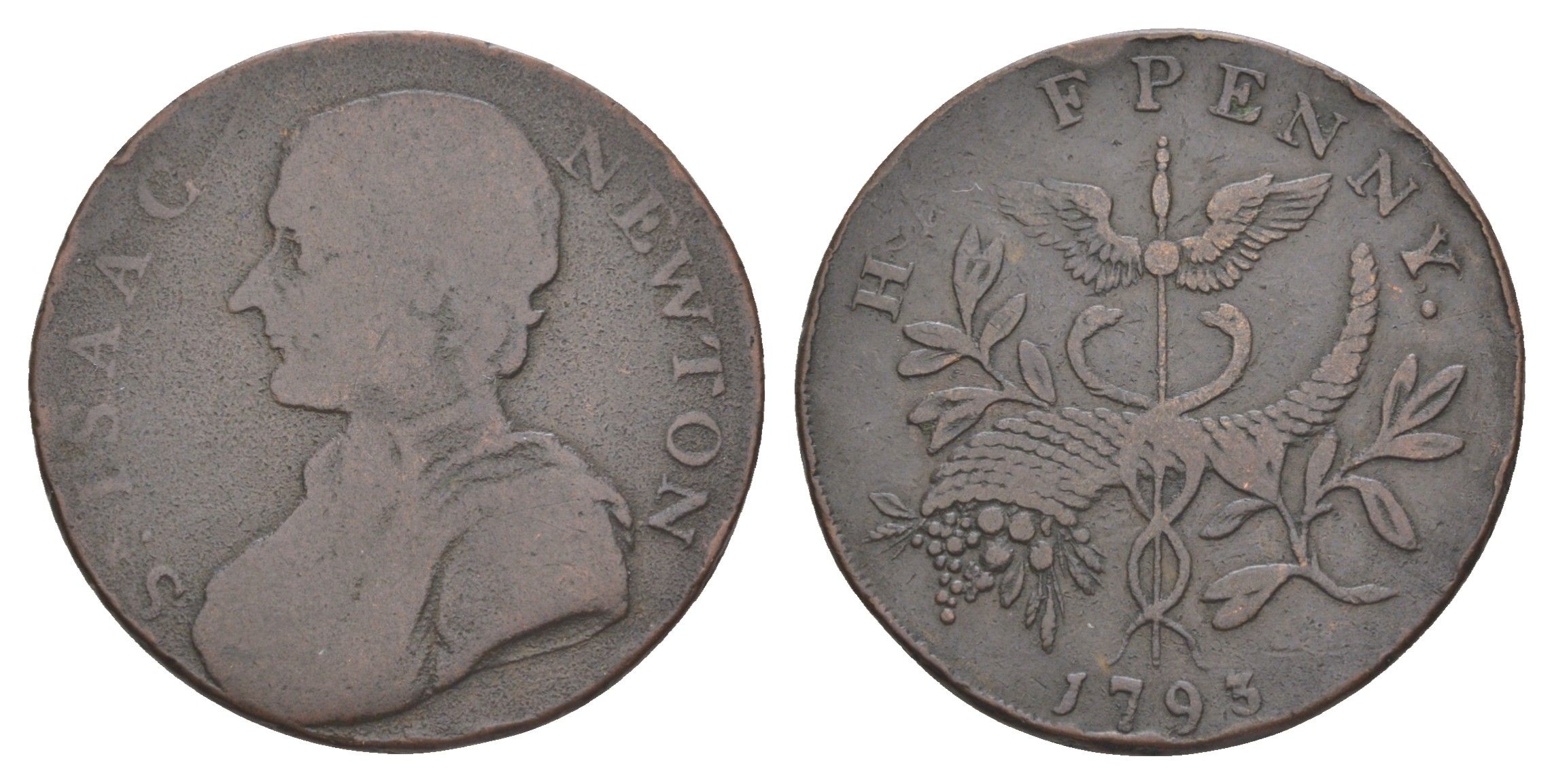 Великобритания, Мидлсекс 1/2 пенни 1793 Исаак Ньютон, токен, гурт с надписью Dalton & Hamer 1033 медь 4631-1057