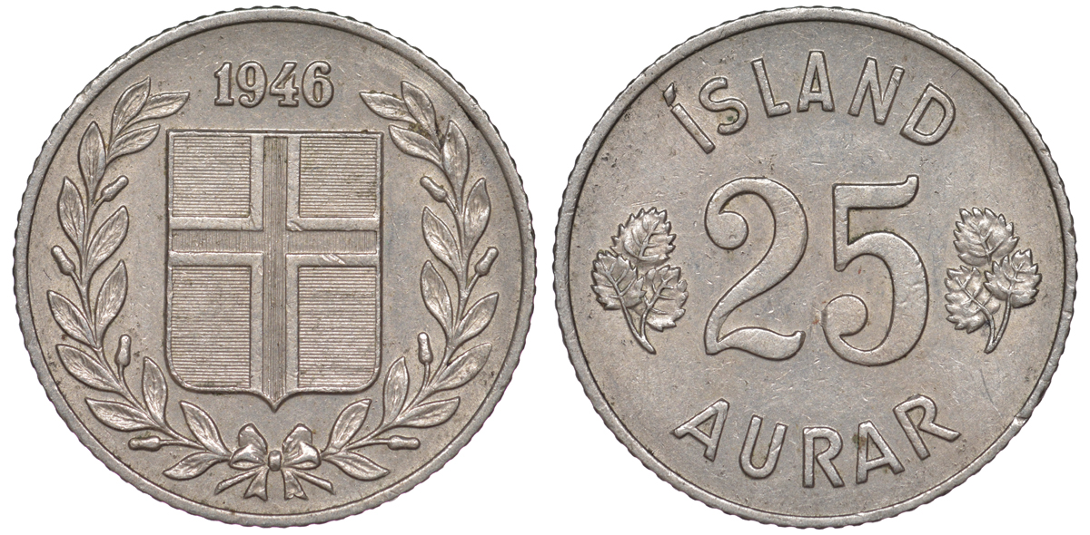 Исландия 25 эйре 1946 KM 11 медно-никель 4596-1261