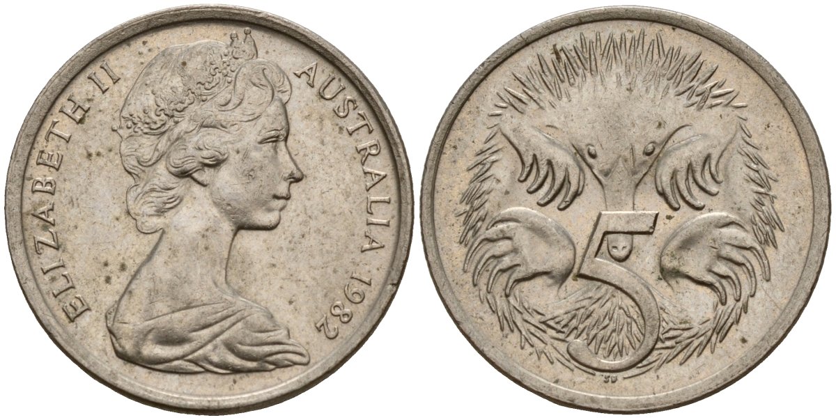 Австралия 5 центов 1982 Елизавета II (1953-), молодой портрерт, ехидна KM 64 медно-никель 4156-337