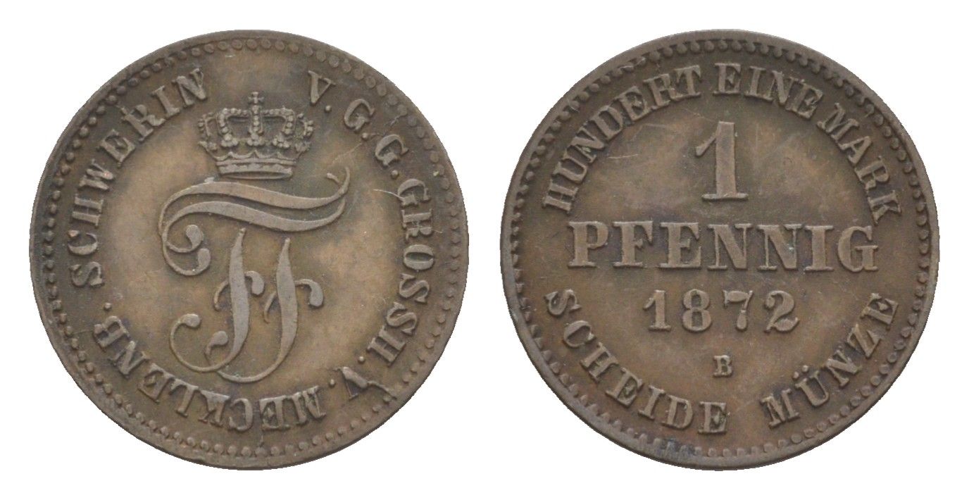 Мекленбург-Шверин 1 пфенниг 1872 B, Фридрих Франц II (1842-1883) KM 315 (С102), AKS 50, J.60 медь 4649-514