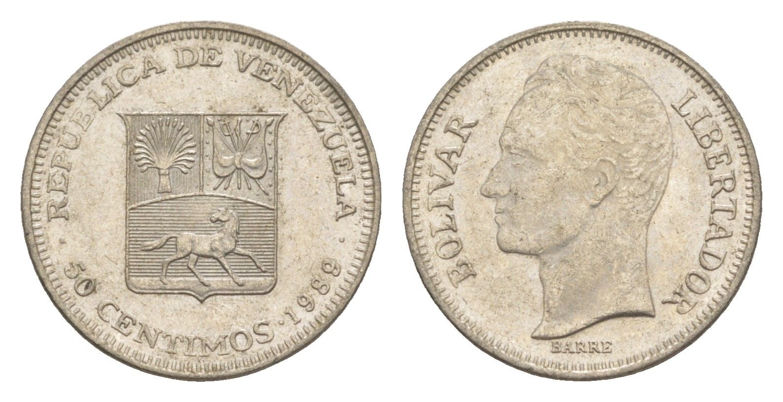 Венесуэла 50 сентимо 1989 Симон Боливар Y 41a сталь плакированная никелем 4584-345