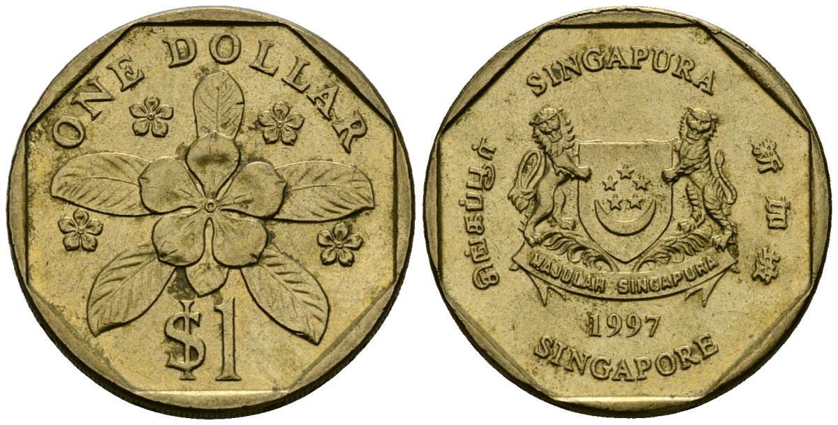 Сингапур 1 доллар 1997 барвинок KM 103 алюминиевая бронза 4138-527