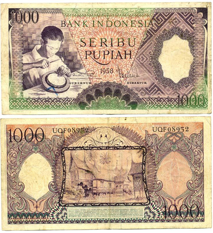 Индонезия 1000 рупий 1958 ювелир из Гаданга (Минангкабау), фиолетовая Pick 62 бумага 7523-34-1