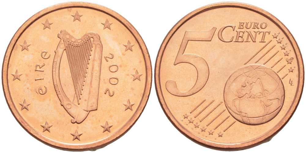 ИРЛАНДИЯ 5 ЕВРОЦЕНТОВ 2002 KM 34 сталь плакированная медью UNC 214-252