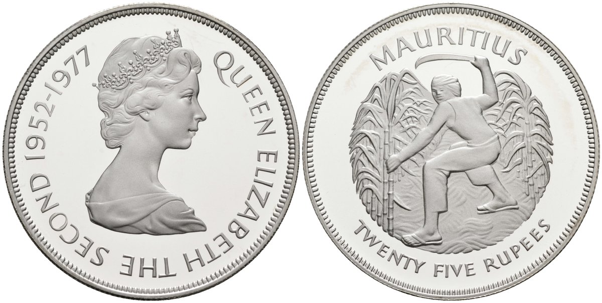 Маврикий 25 рупий 1977 25 лет правления (серебрянный юбилей) королевы Елизаветы II (1952-1977), тираж 47000 экз. KM 43а серебро PROOF 00-00