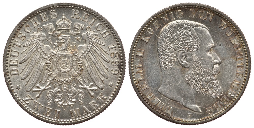 Вюртемберг 2 марки 1899 F, Вильгельм II (1891-1918) Weege 170, J. 174, KM 631 серебро 413-4823
