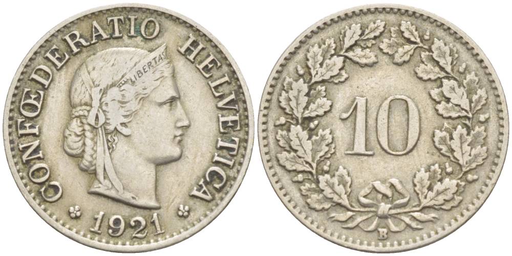 ШВЕЙЦАРИЯ 10 РАППЕНОВ 1921 В KM 27 медно-никель 216-344