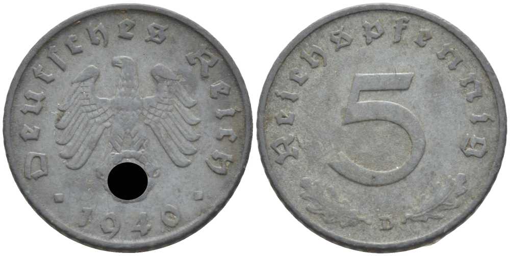 ГЕРМАНИЯ 5 РЕЙХСПФЕННИГОВ 1940 D KM 100, J. 370 цинк 105-242