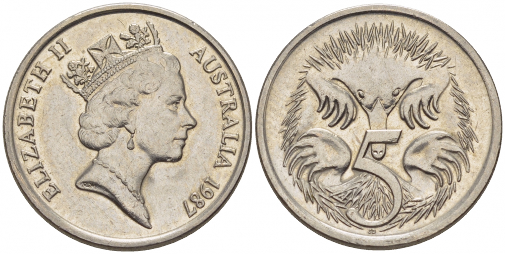 АВСТРАЛИЯ 5 ЦЕНТОВ 1987 ЕЛИЗАВЕТА II, ВТОРОЙ ПОРТРЕТ В КОРОНЕ, ЕХИДНА KM 80 медно-никель 39-1268