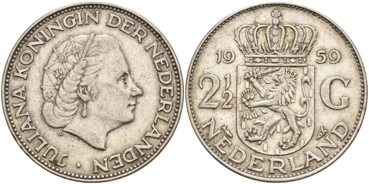 Нидерланды 2 1/2 гульдена 1959 Юлиана (1948-1980) KM 185 серебро 4131-1116