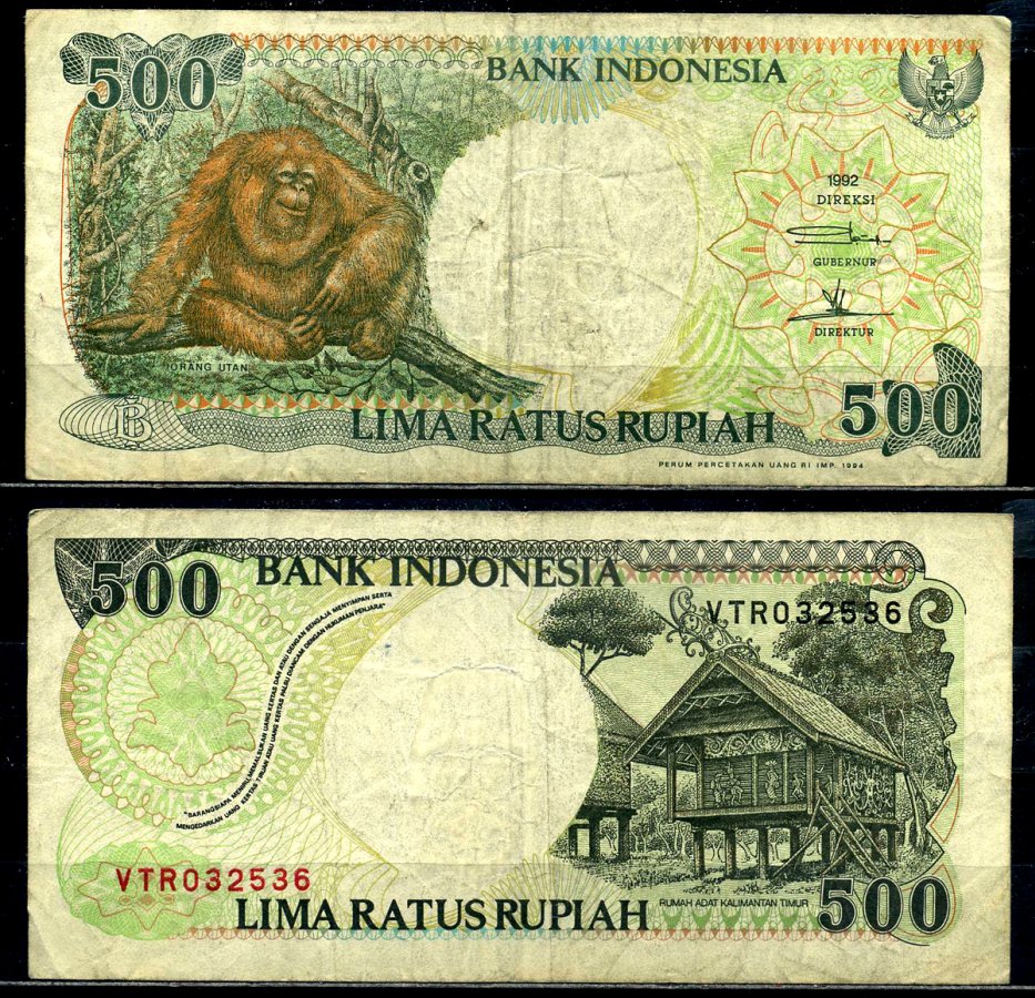 Индонезия 500 рупий 1992/1994 орангутан Pick 128с бумага 8602-20-3-2