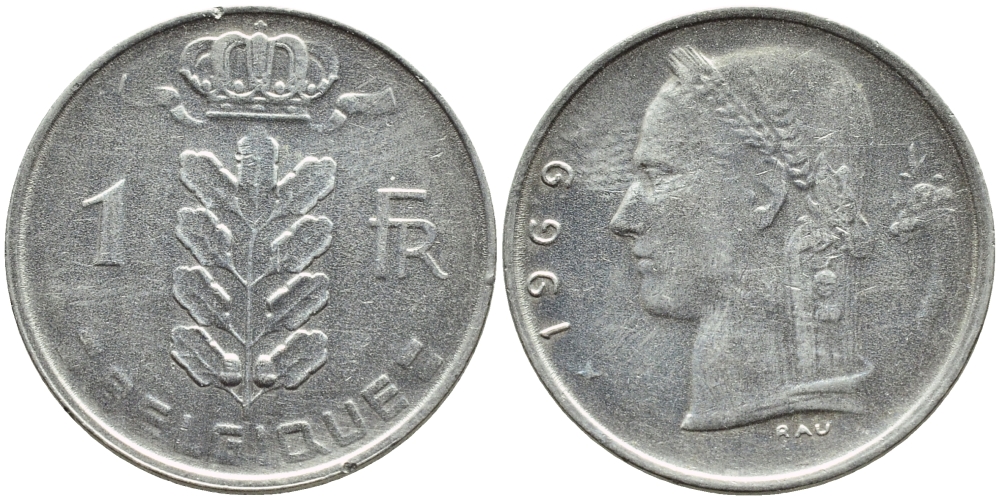 БЕЛЬГИЯ 1 ФРАНК 1969 BELGIQUE KM 142.1 медно-никель 4385-426