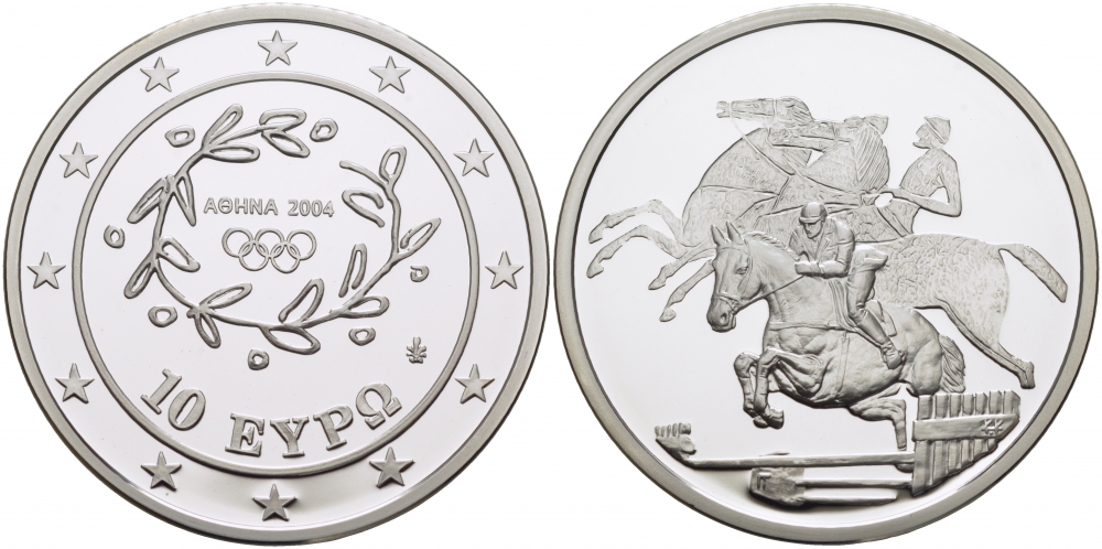 Греция 10 евро 2003 XXVIII летние Олимпийские игры 2004 года в Афинах, конный спорт, конкур KM 197 серебро PROOF 01-171-11