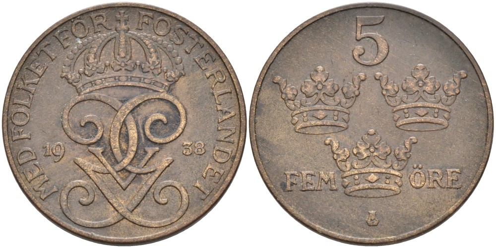 Швеция 5 эре 1938 Густав V (1907-1950) KM 779.2 бронза 4557-636