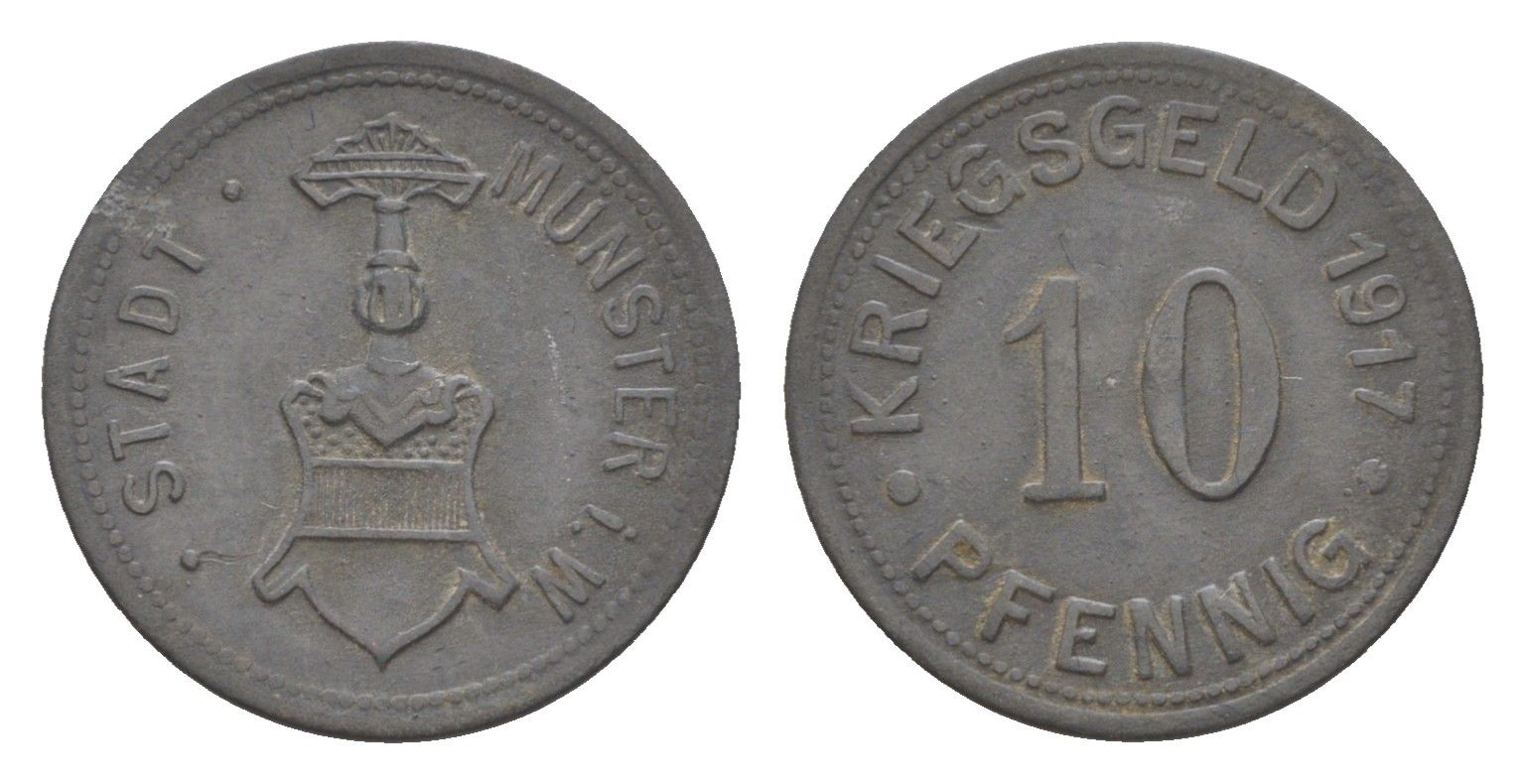 Мюнстер в Вестфалии 10 пфеннигов 1917 Funck 350.1, Men18 22667.1 цинк 4636-726