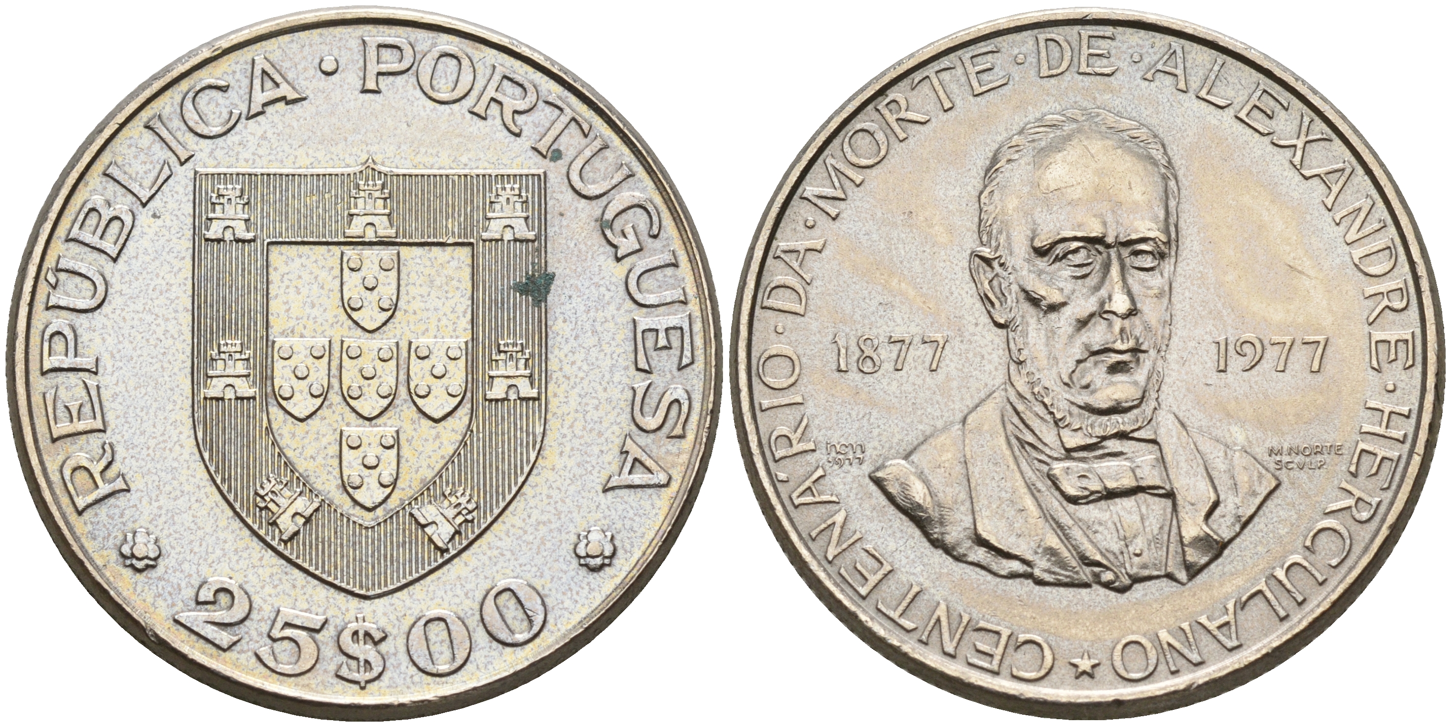 Португалия 25 эскудо 1977 100 лет со дня смерти Александро Геркулано KM 608 медно-никель  UNC  4161-845