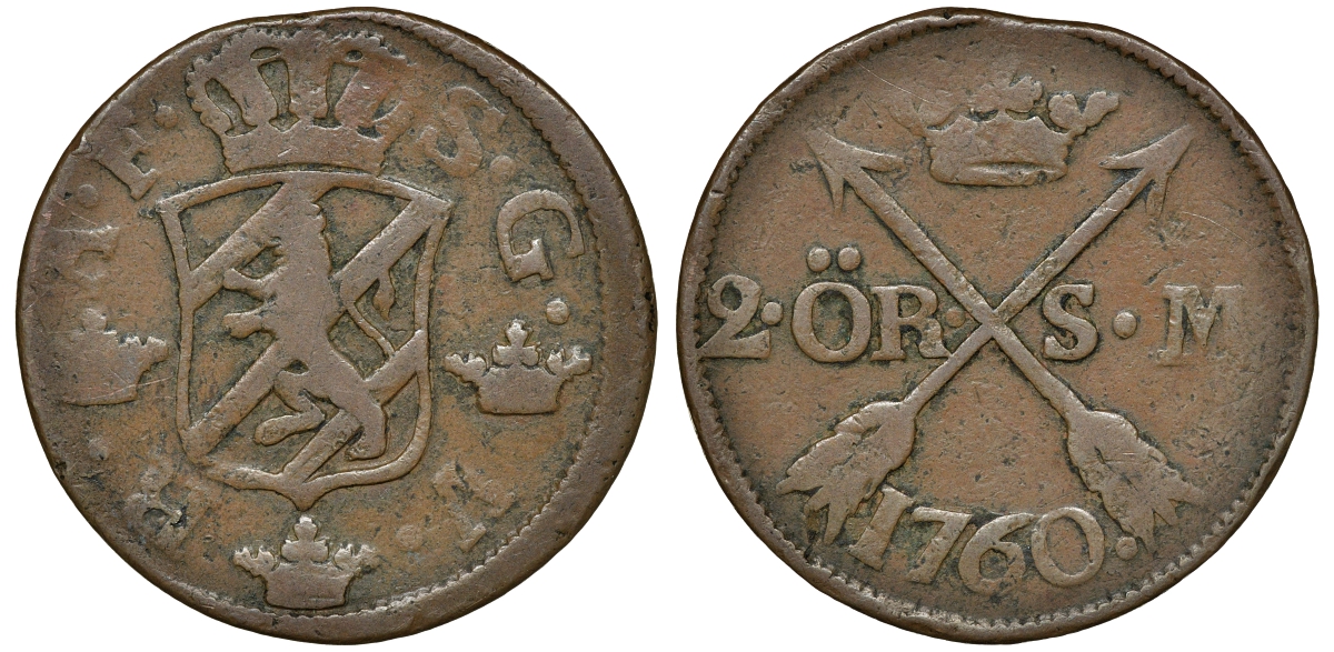 Швеция 2 эре 1760 S.M. Адольф Фредерик (1751-1771) диаметр 34 мм, вес 28,3 гр KM 461 медь 4179-322