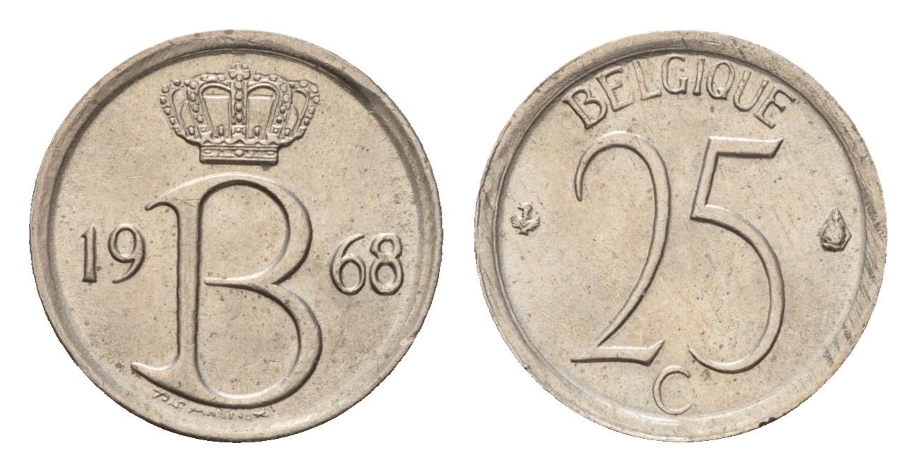 Бельгия 25 сантимов 1968 Belgique, Бодуэн I (1951-1993) KM 153 медно-никель 4617-756