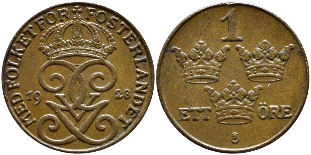 Швеция 1 эре 1928 Густав V (1907-1950) KM 777.2 бронза 4396-217