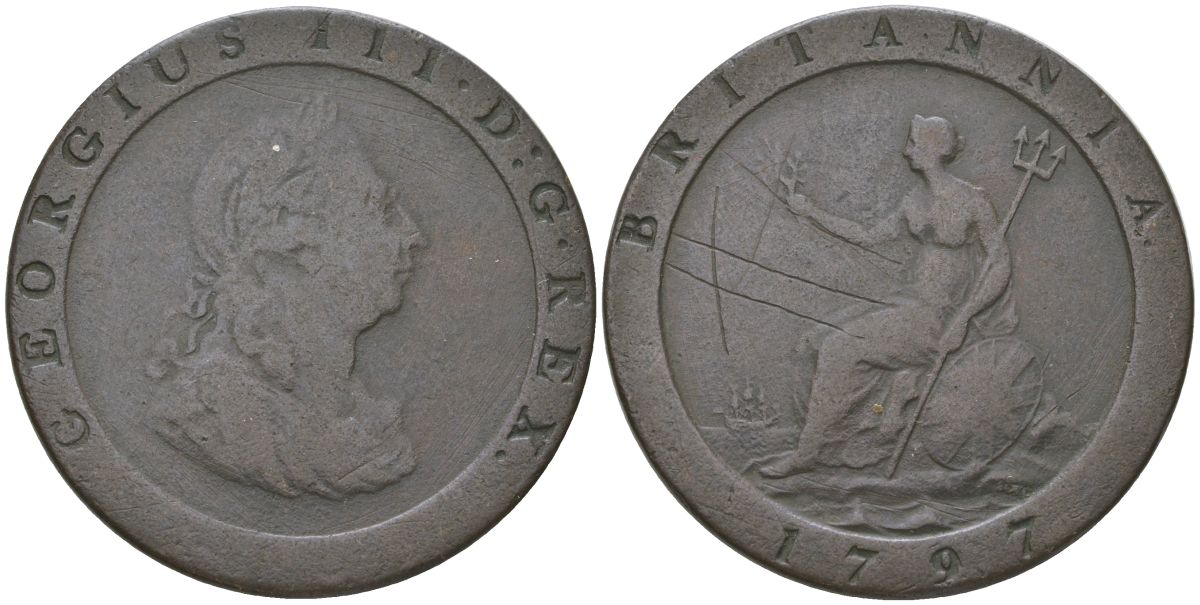 Великобритания 1 пенни 1797 Георг III (1760-1820) KM 618, Spink 3777 медь 4537-121