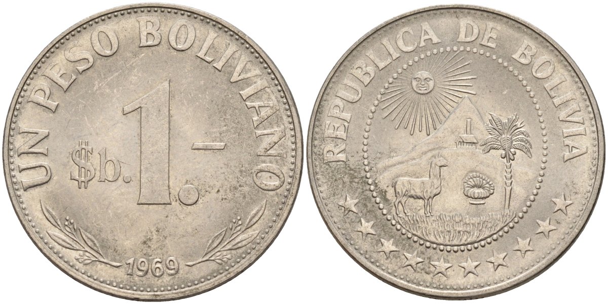 Боливия 1 песо 1969 KM 192 сталь плакированная никелем 00-00