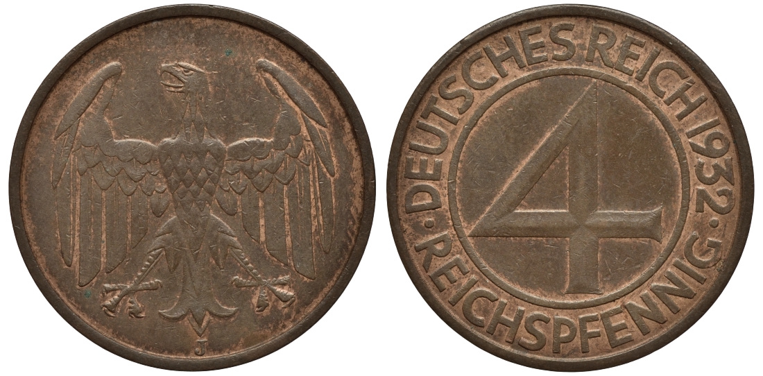 Германия 4 рейхспфеннига 1932 J KM 75, J. 315 медь 1525-313