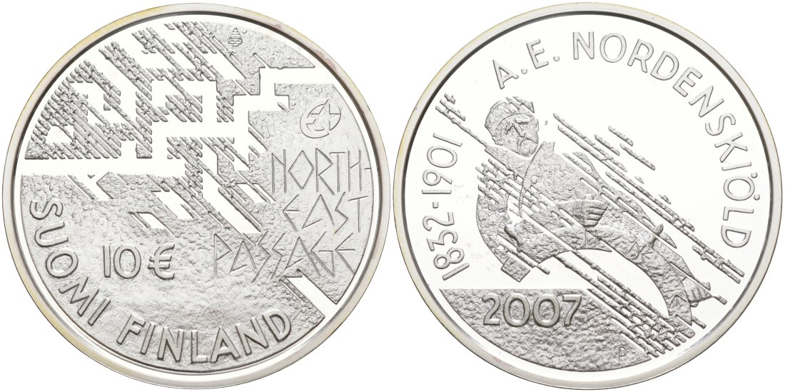 Финляндия 10 евро 2007 175 лет со дня рождения Нильс Адольфа Эрика Норденшёльда, первопроходец Северно-Восточного морского пути KM 134 серебро  PROOF 11-151-11