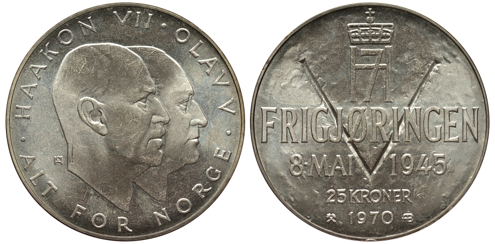 Норвегия 25 крон 1970 25 лет освобождения от фашизма KM 414 серебро UNC 1530-1442