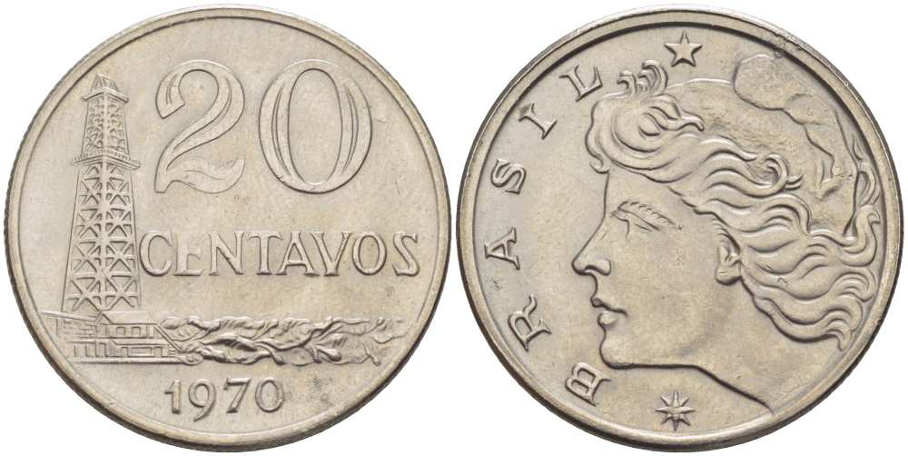 Бразилия 20 сентаво 1970 голова Свободы влево KM 579.2, Schon 84a медно-никель 4514-652