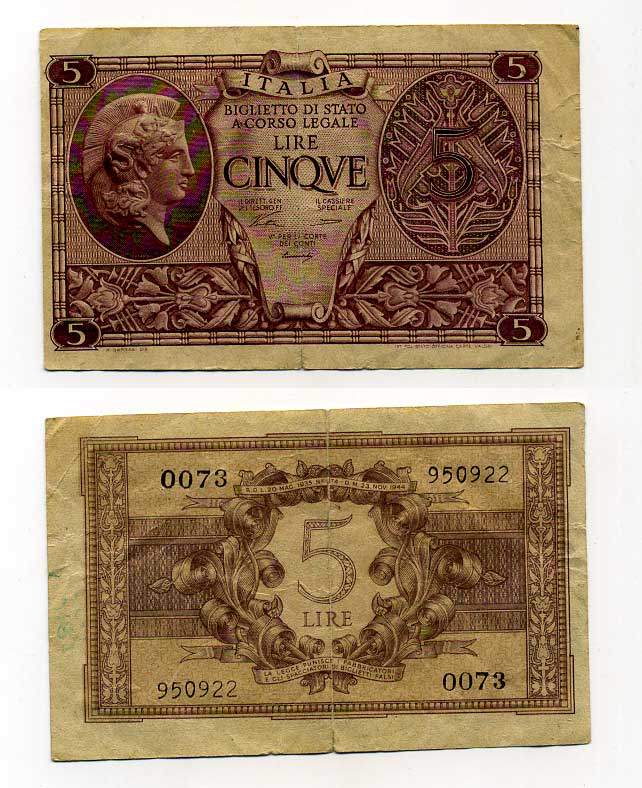 Италия 5 лир 1944 23 ноября 1944 Афина в шлеме, signatures: BoLaffi / CavalLaro / Giovinco Pick 31a, Grapanzano BS 29 00-00