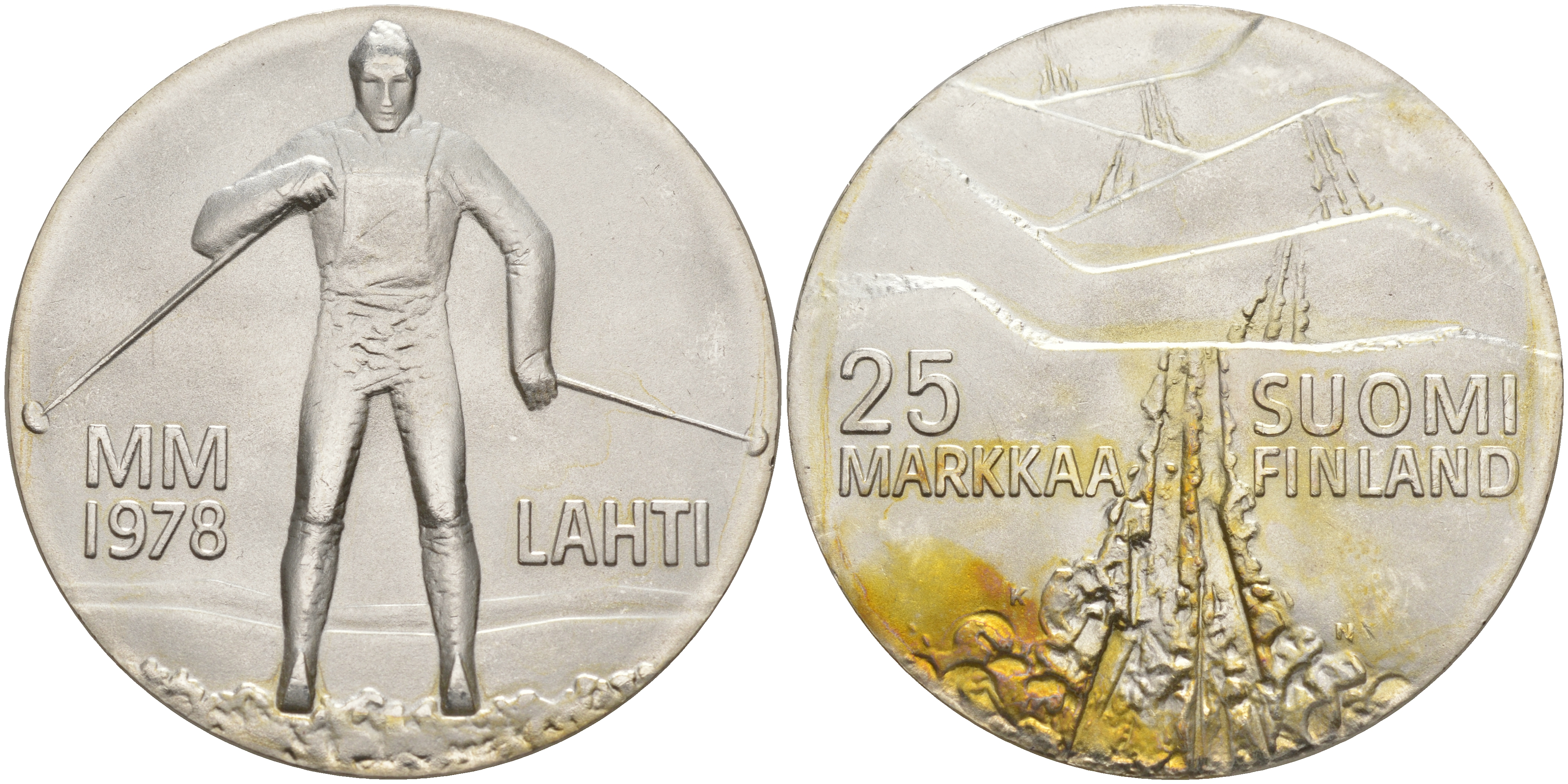 Финляндия 25 марок 1978 K-N, 21 Чемпионат мира по лыжным видам спорта 1978 в Лахти KM 56 серебро UNC 1523-645