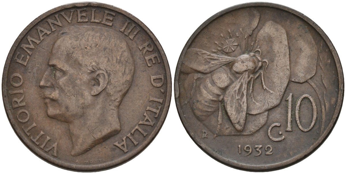 Италия 10 чентезимо 1932 R, пчела, Виктор Эммануил (1900-1946) KM 60 медь 4116-1252
