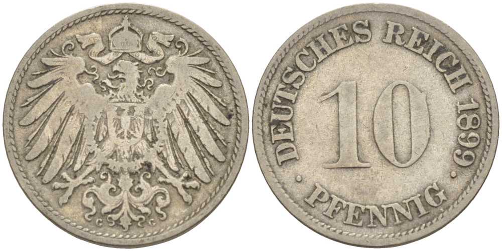 ГЕРМАНИЯ 10 ПФЕННИГОВ 1899 G KM 12, J. 13 медно-никель 4401-1047