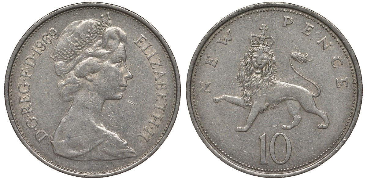 Великобритания 10 пенсов 1969 Елизавета II (1952-2022) KM 912, Spink 4231 (F1) медно-никель 4123-831