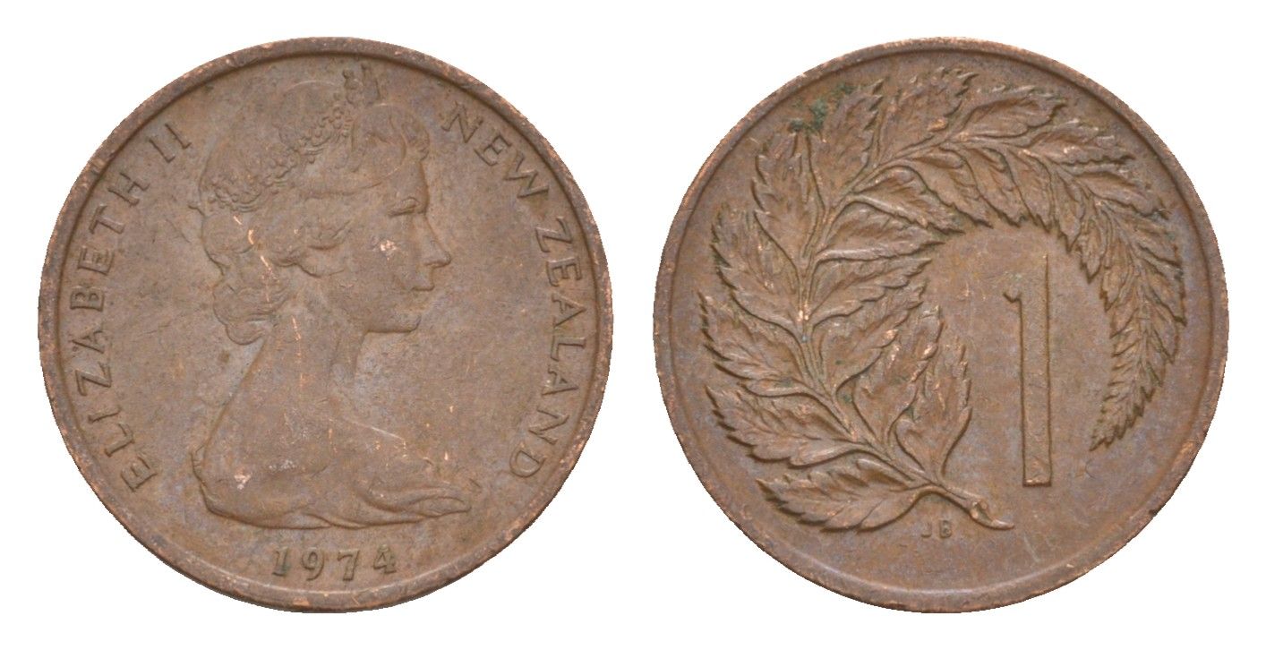 Новая Зеландия 1 цент 1974 Елизавета II (1952-2022), лист папоротника KM 31.1 бронза 4178-169