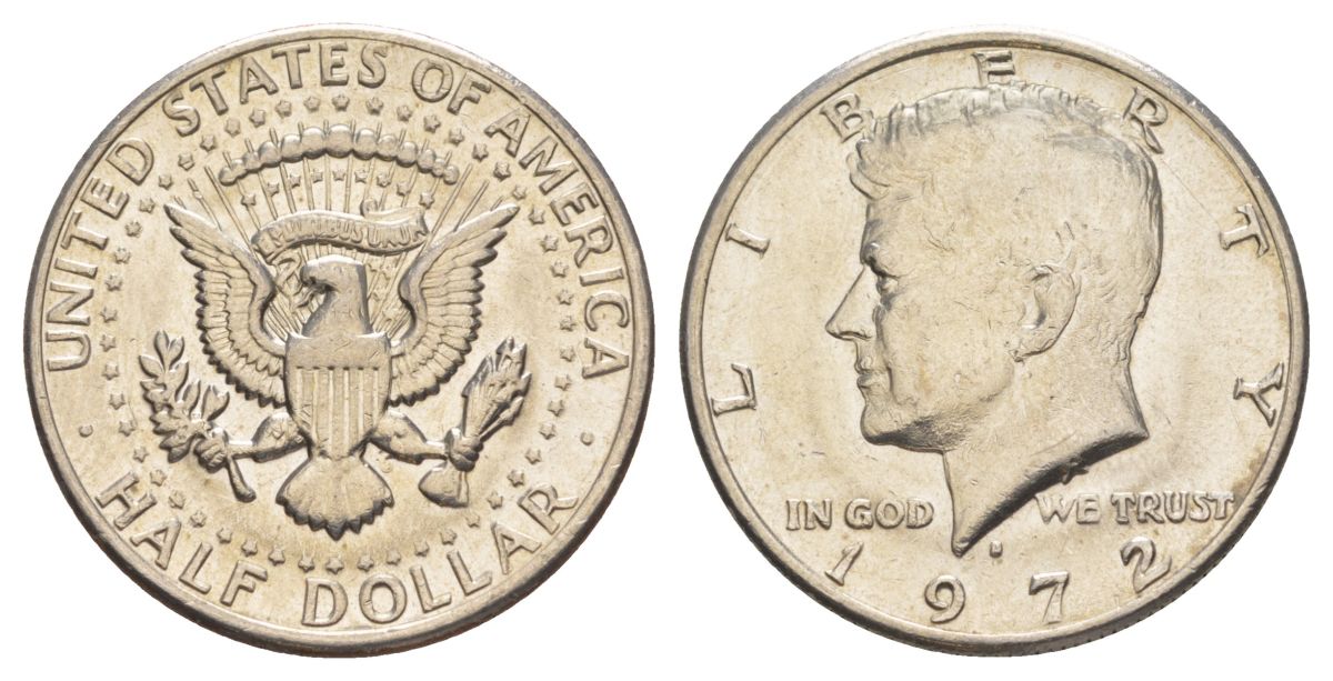 США 1/2 доллара (50 центов) 1972 D, Джон Кеннеди KM 202b медь плакированная медно-никелем aUNC 189-522