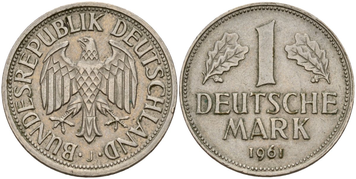 ФРГ 1 марка 1961 J KM 110, J. 385 медно-никель 4159-1045