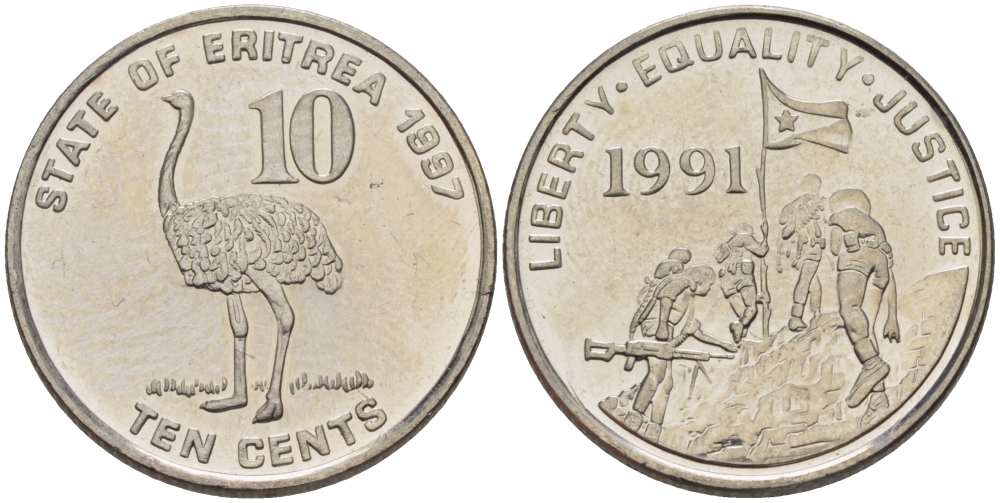Эритрея 10 центов 1997 страус KM 45 сталь плакированная никелем UNC 67-1244
