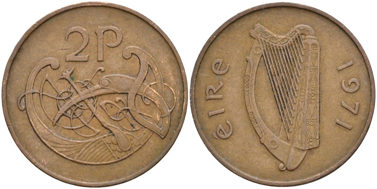 Ирландия 2 пенса 1971 виньетка в виде стилизованной птицы из второй библии Карла II лысого KM 21 бронза 4150-937
