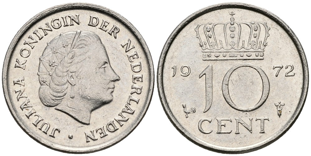 Нидерланды 10 центов 1972 Юлиана (1948-1980) KM 182 никель 96-448