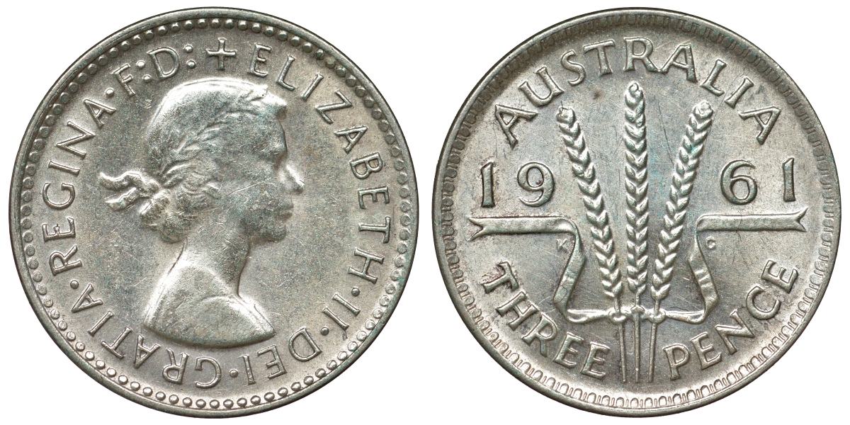 Австралия 3 пенса 1961 m, Елизавета II (1952-2022) KM 57 серебро 71-742