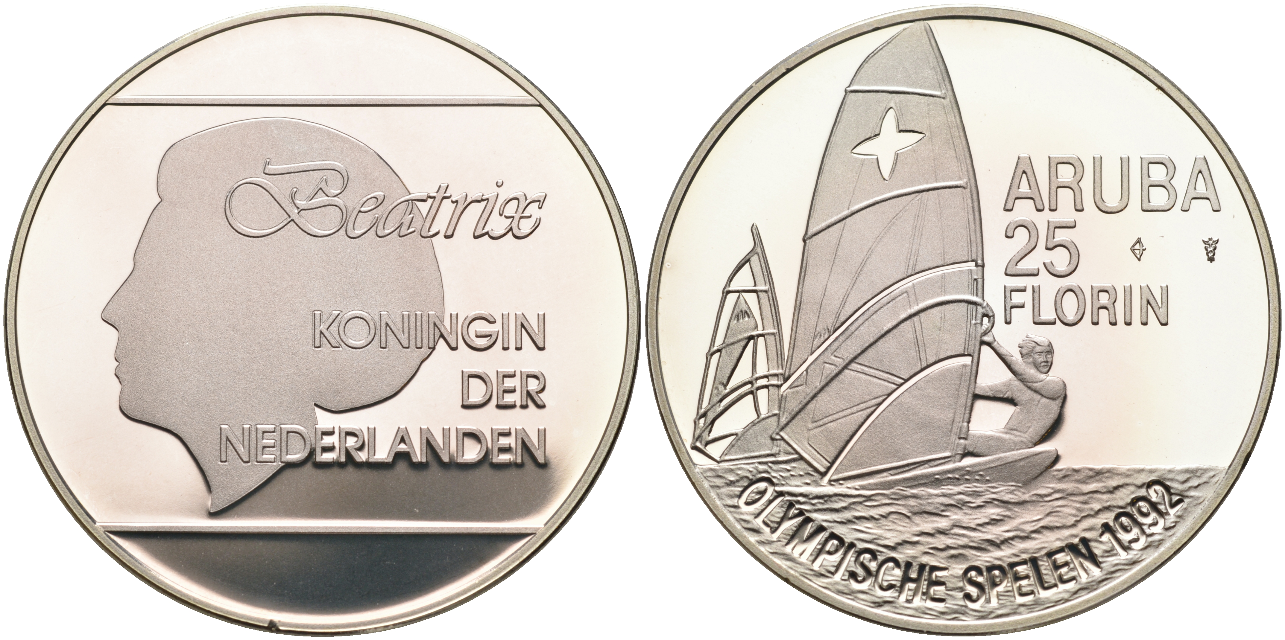 Аруба 25 флоринов 1992 XXV Олимпийские игры в Барселоне, виндсерфинг KM 10 серебро PROOF 01-167-41