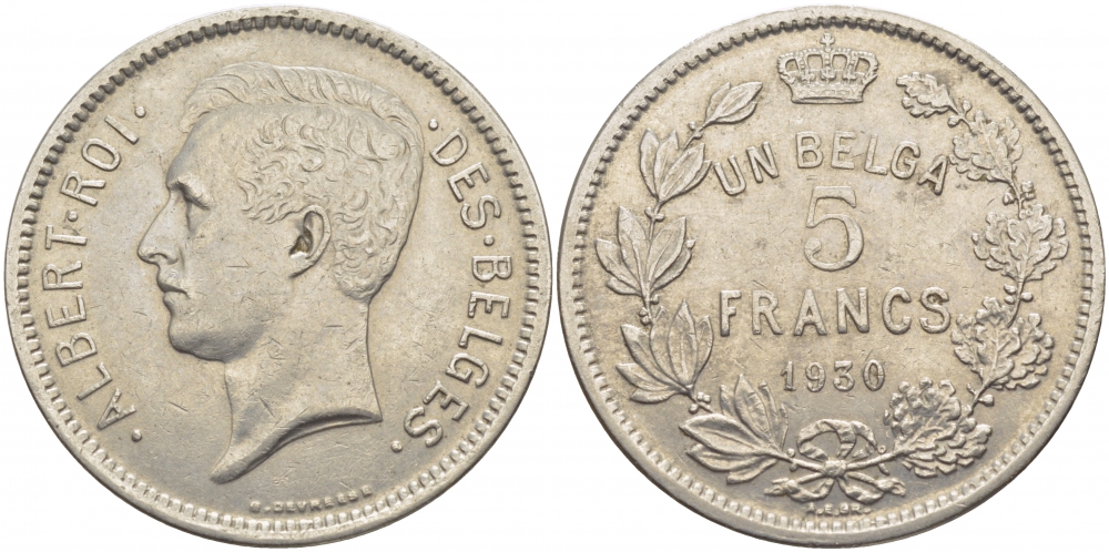 БЕЛЬГИЯ 5 ФРАНКОВ 1930 BELGES KM 97.1 никель 114-826