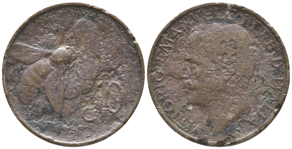 ИТАЛИЯ 10 ЧЕНТЕЗИМО 1923 R, ПЧЕЛА, ВИКТОР ИМАНУИЛ III KM 60 медь 34-447