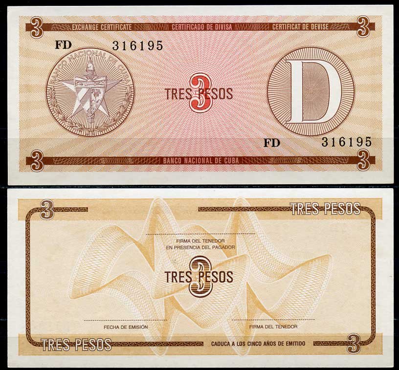 Куба, валютный сертификат 3 песо ND серия D, желтая, второй выпуск Pick FX 33 бумага UNC (пресс) 447-63-2
