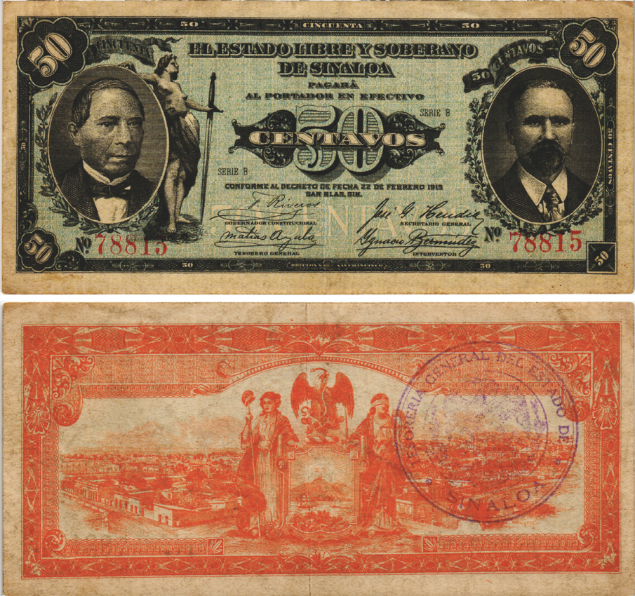 Мексика, Революция 50 сентаво 1915 Свободный и Суверенный штат Синалоа Pick S1042 бумага 6289-16-3