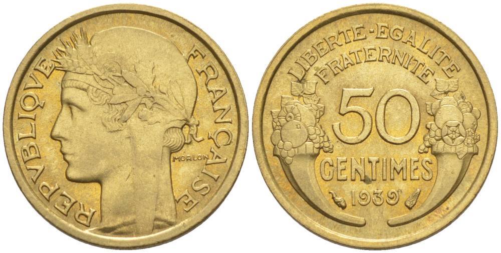 ФРАНЦИЯ 50 САНТИМОВ 1939 ТИП MORLON KM 894.1, LE FRANC 192.15 алюминиевая бронза 44-914
